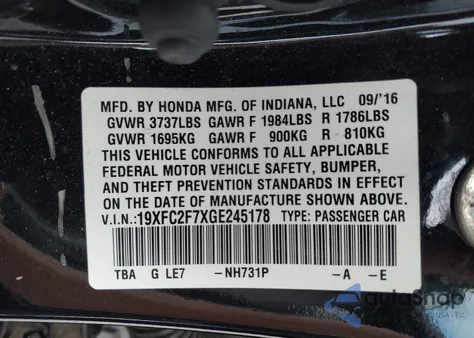 2016 Honda Civic Ex from USA, damaged, VIN 19XFC2F7XGE245178